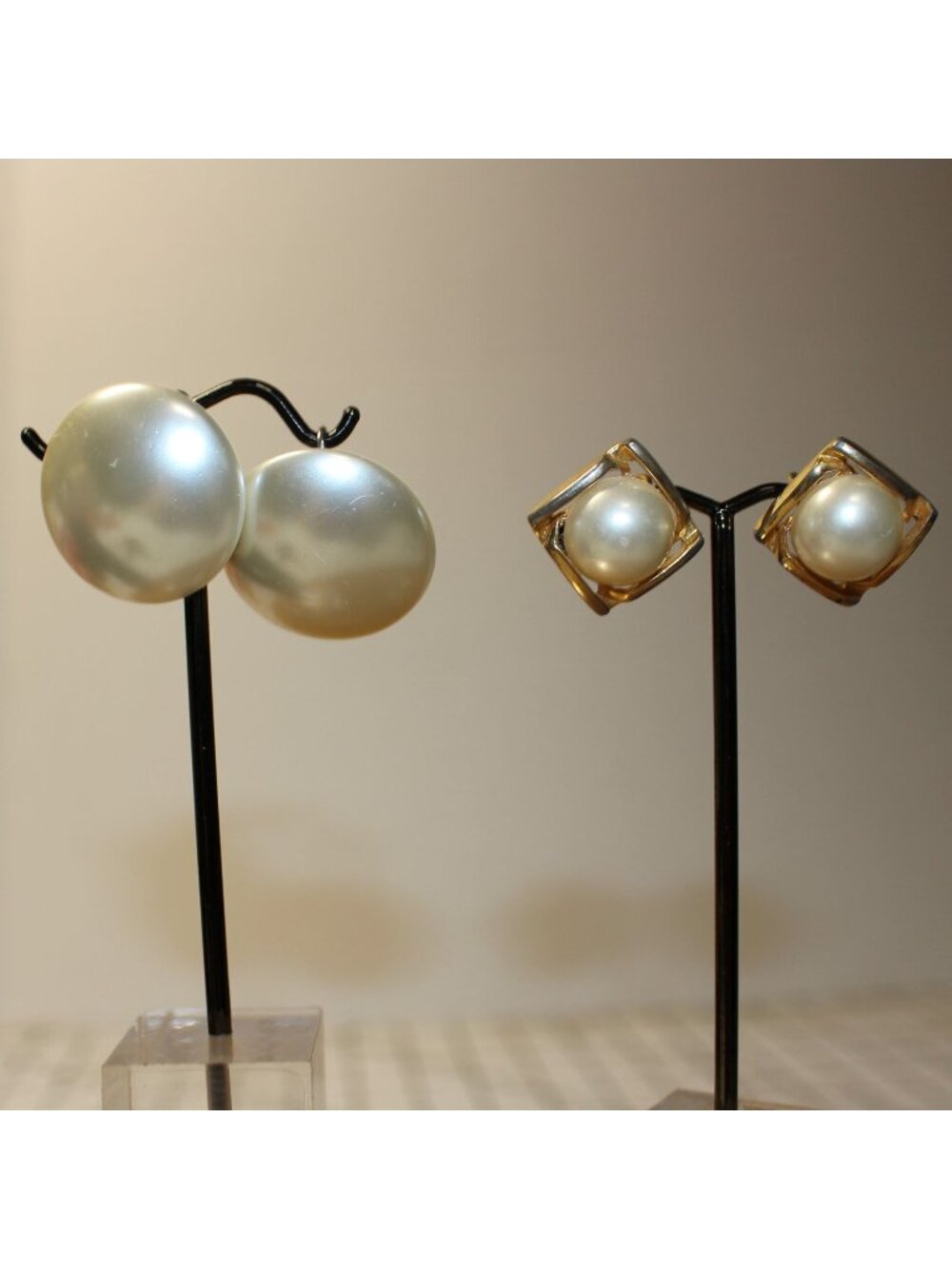 Vintage Clip On Earring Lot 2Pr Large White Domed Pearl Button Gold Square Geome
